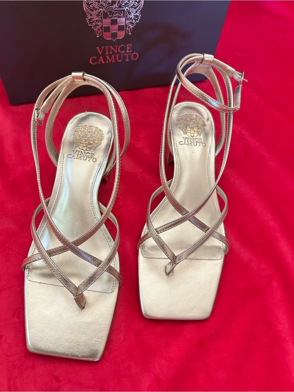 Vince Camuto Metallic Gold Strappy Square-Toe Block heeled sandal